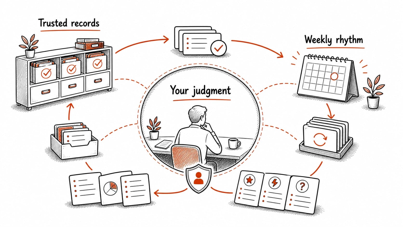 A mature second brain loop connecting trusted records, weekly review rhythm, and judgment before the next move