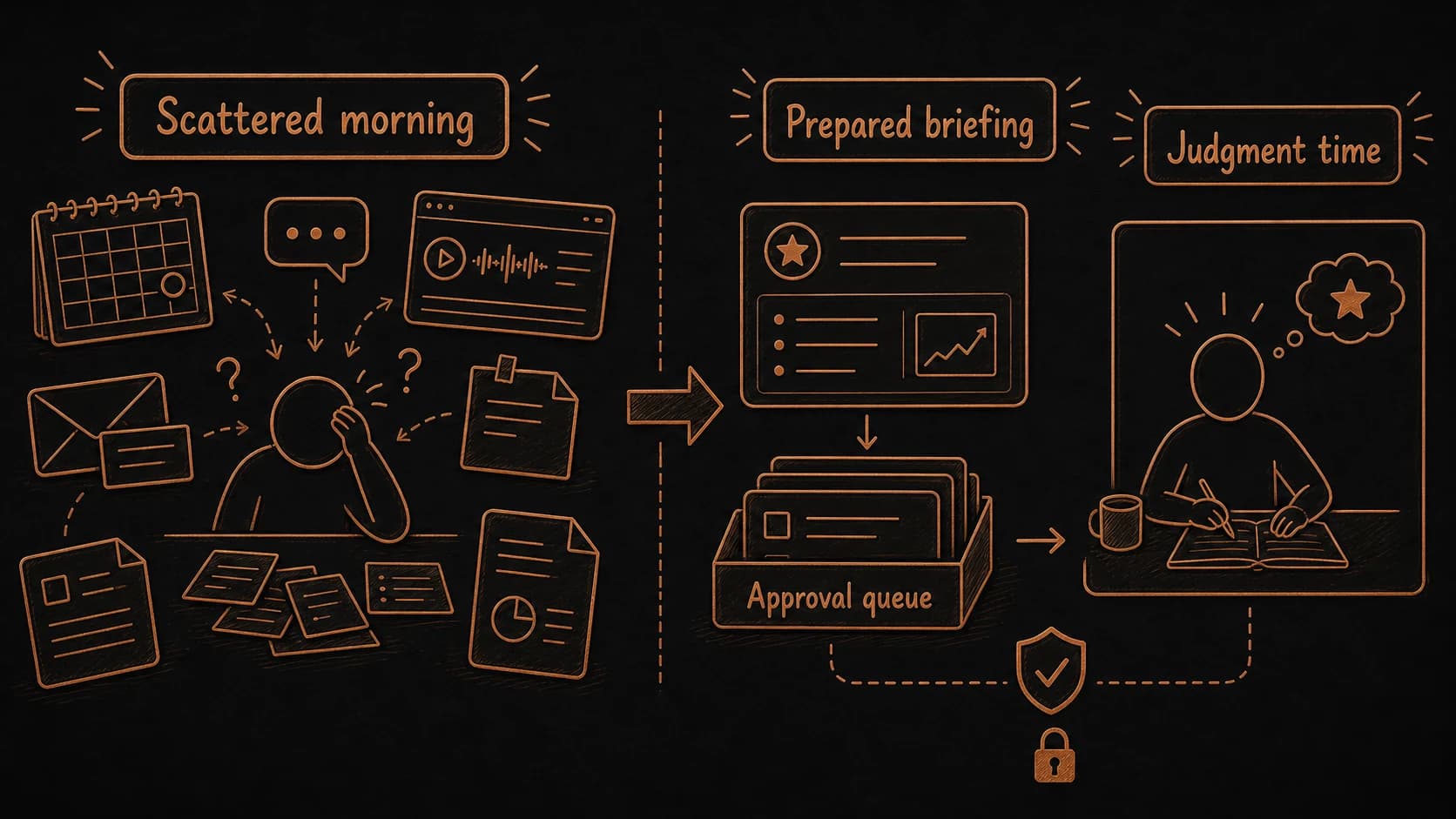 The same Thursday call shifting from scattered source reconstruction to a prepared briefing and protected judgment time
