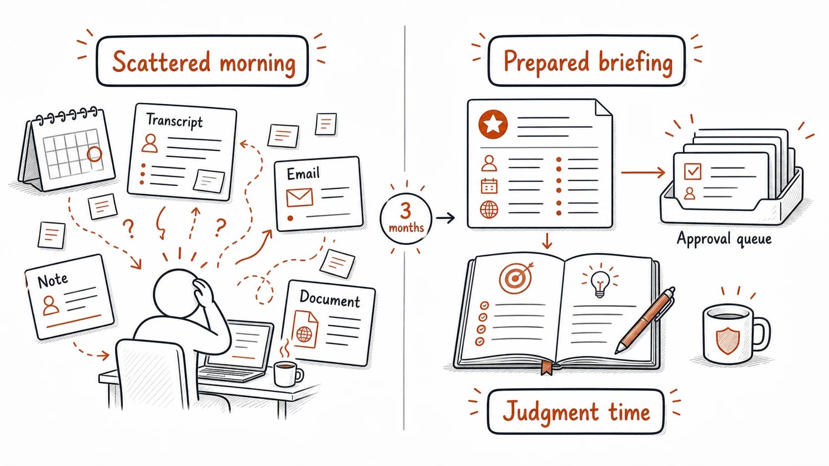 The same Thursday call shifting from scattered source reconstruction to a prepared briefing and protected judgment time