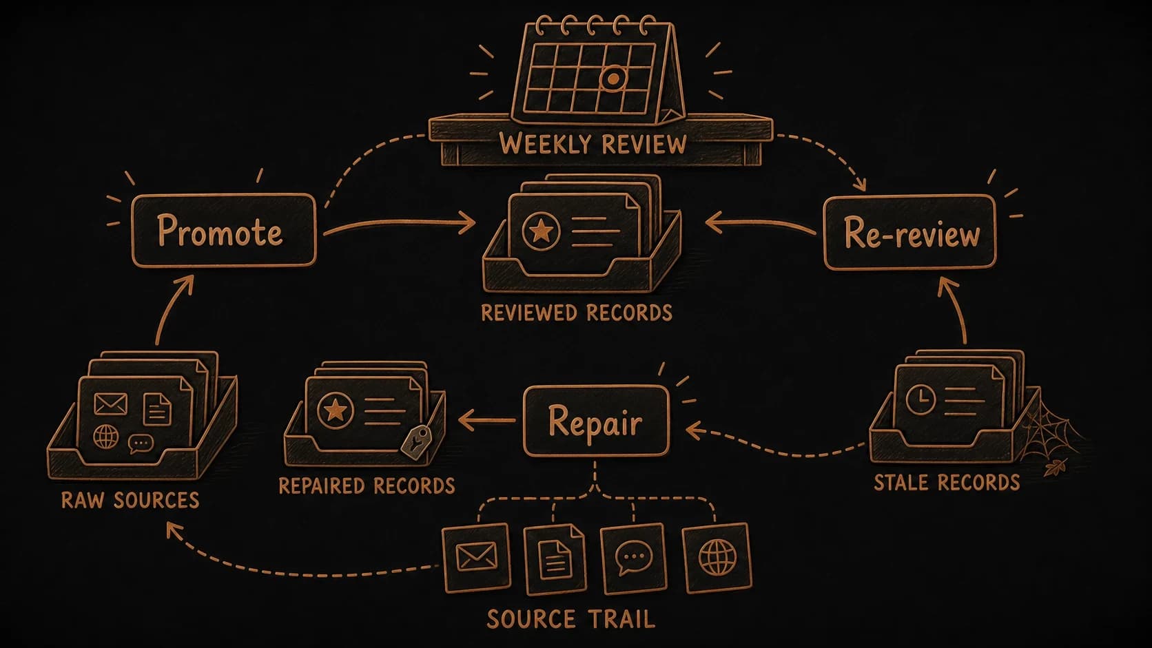 A weekly review checkpoint where raw sources can be promoted, reviewed records can return to review, and stale records can be repaired