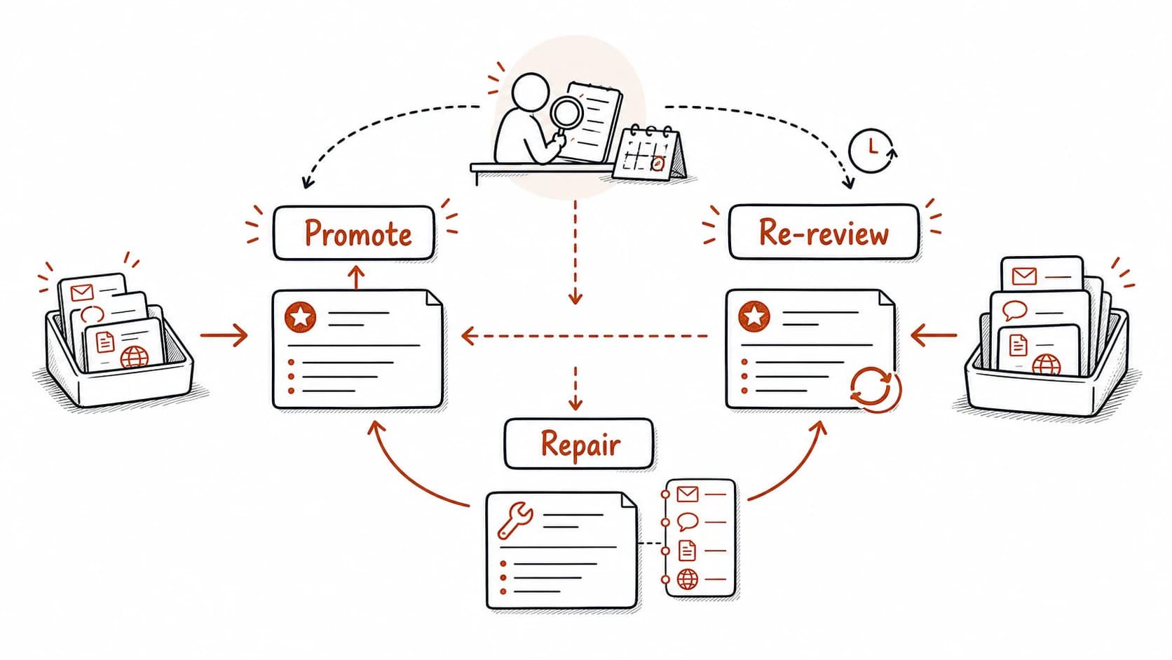 A weekly review checkpoint where raw sources can be promoted, reviewed records can return to review, and stale records can be repaired