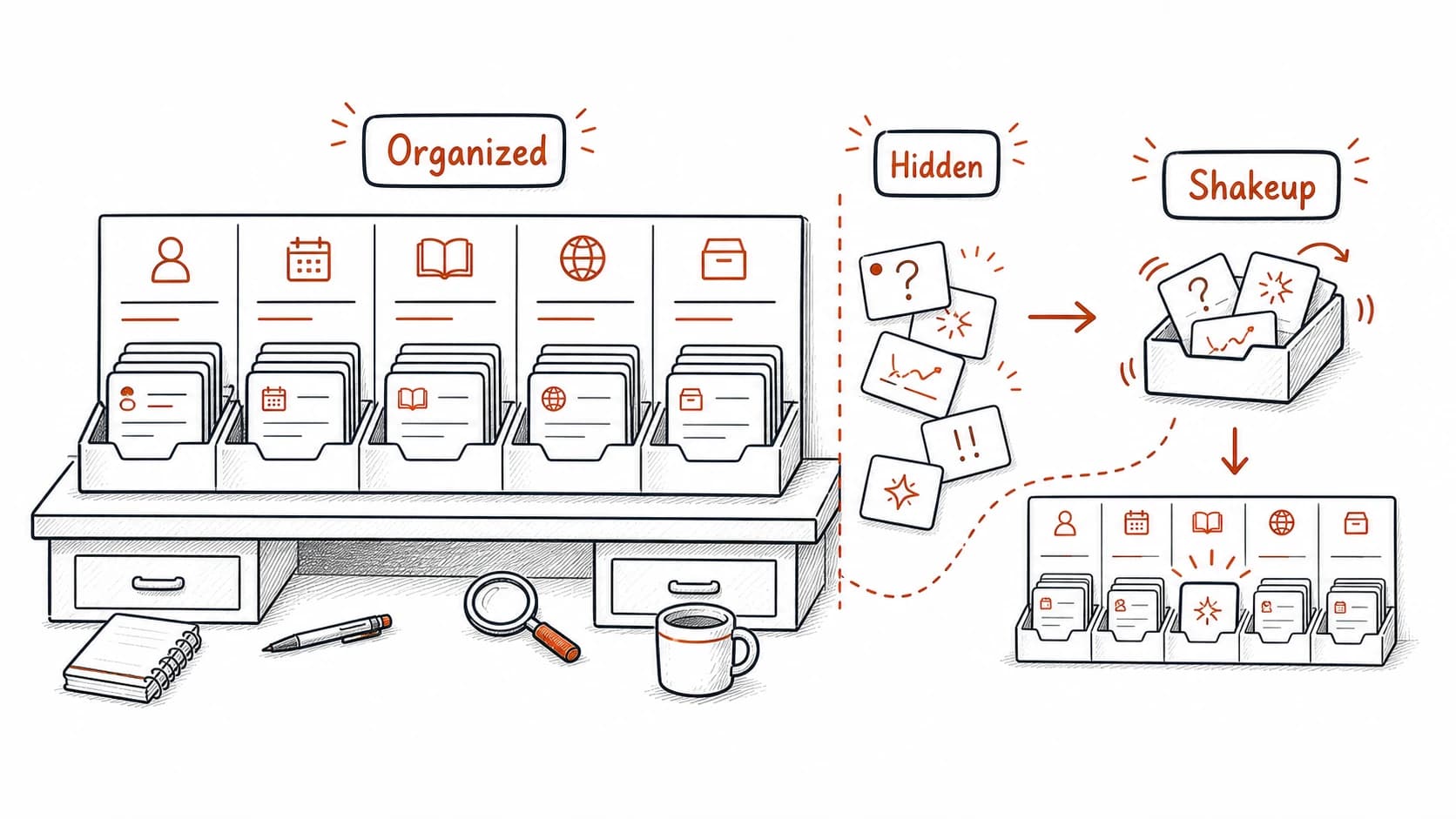 Organized records in clear lanes with hidden untagged insight cards brought forward by a shakeup