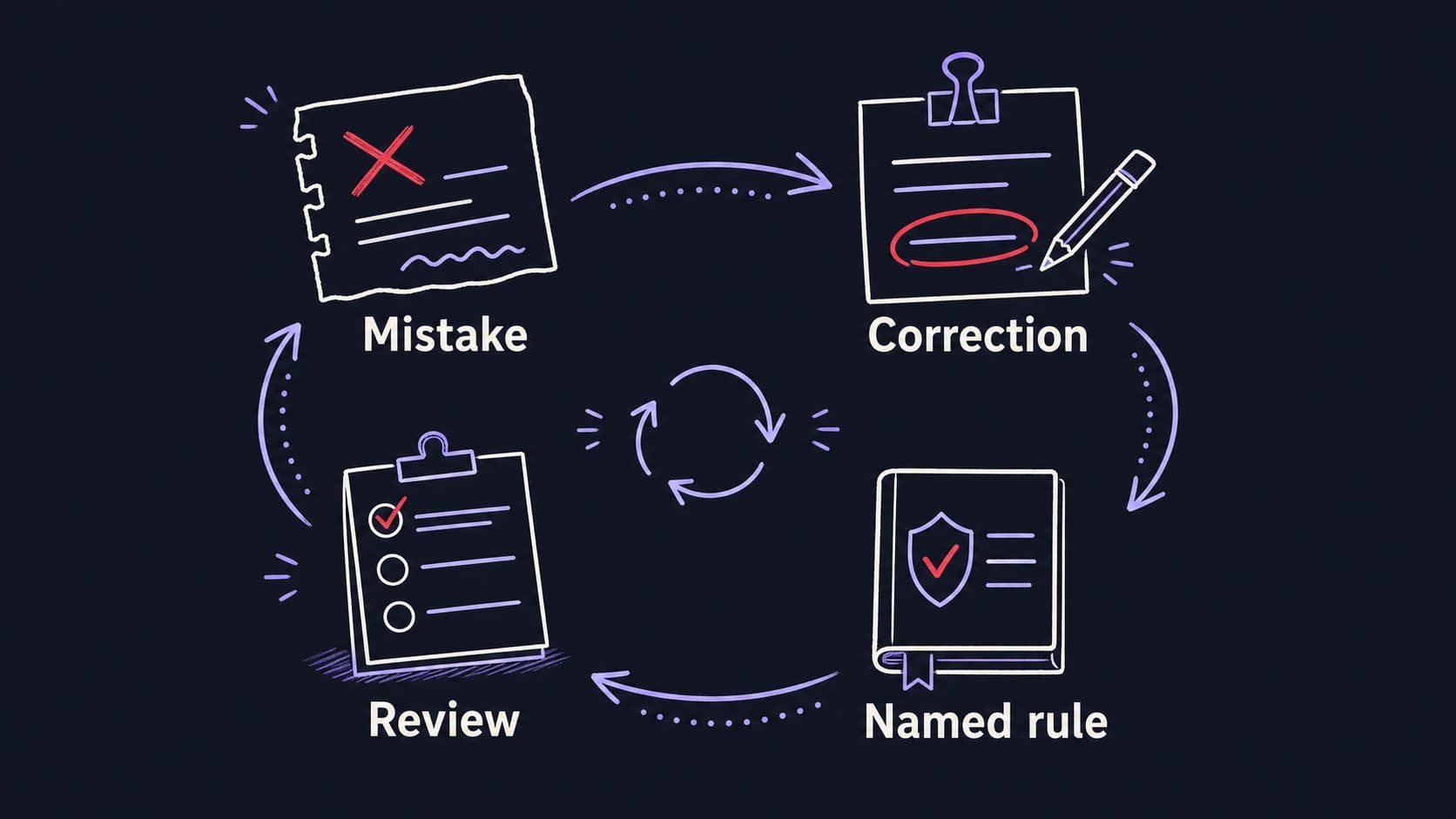 A graphic teaching image showing a mistake becoming a correction, then a named rule, then a review checkpoint