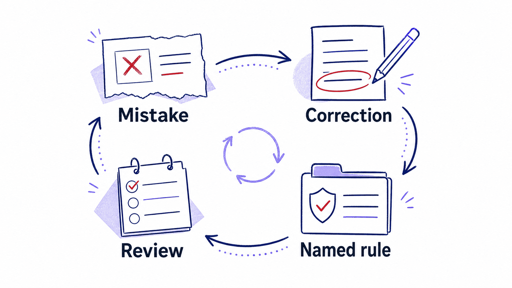 A graphic teaching image showing a mistake becoming a correction, then a named rule, then a review checkpoint