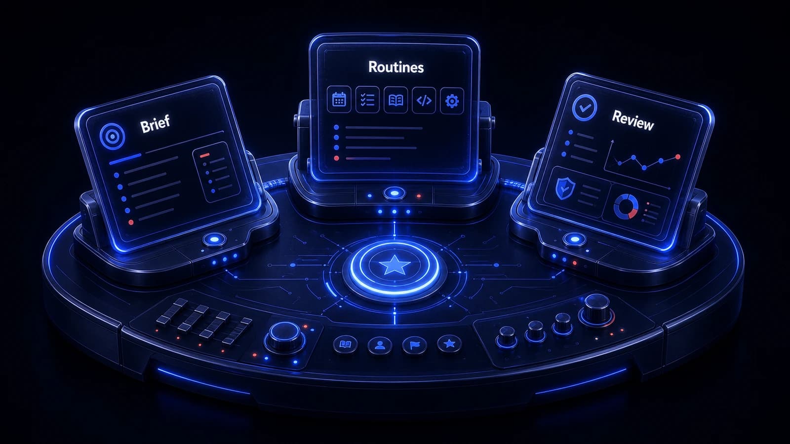 A stylized teaching image showing multiple module outputs composing into one unified morning document