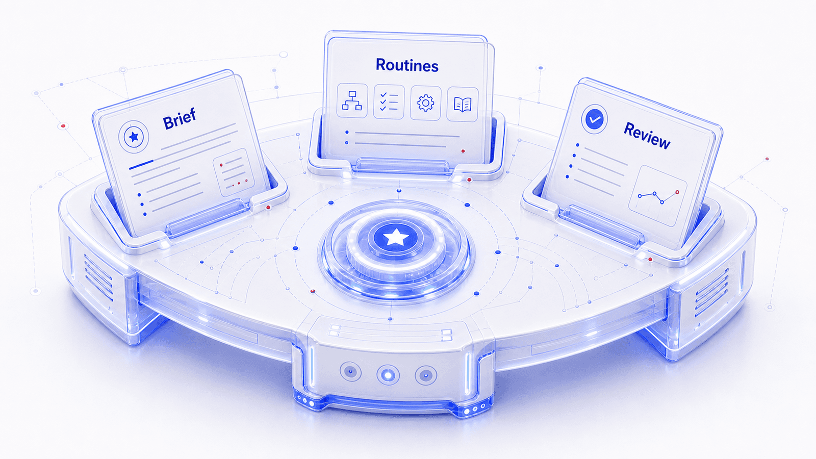 A stylized teaching image showing multiple module outputs composing into one unified morning document