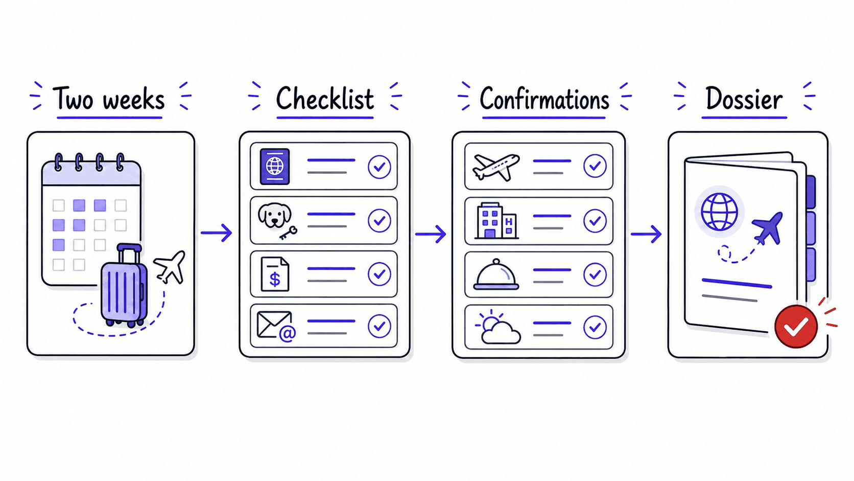 A flat teaching image showing two-week trip prep, checklist, confirmations, and final dossier assembly
