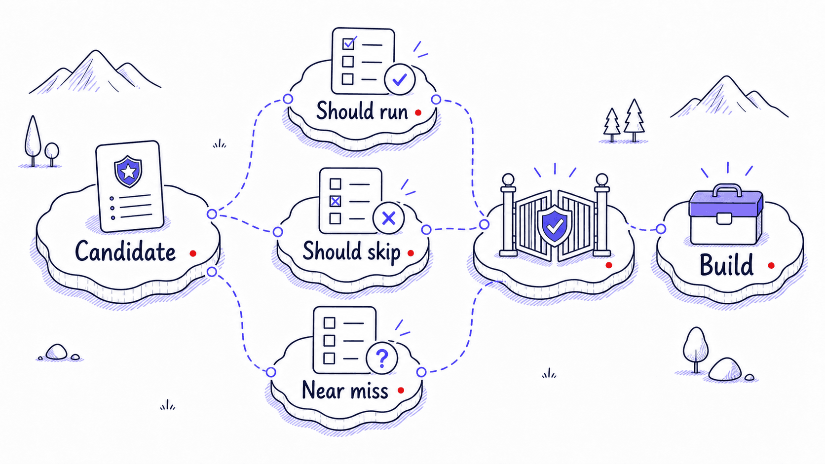 A stylized teaching image showing a candidate Skill passing should-run, should-skip, and near-miss tests before build.