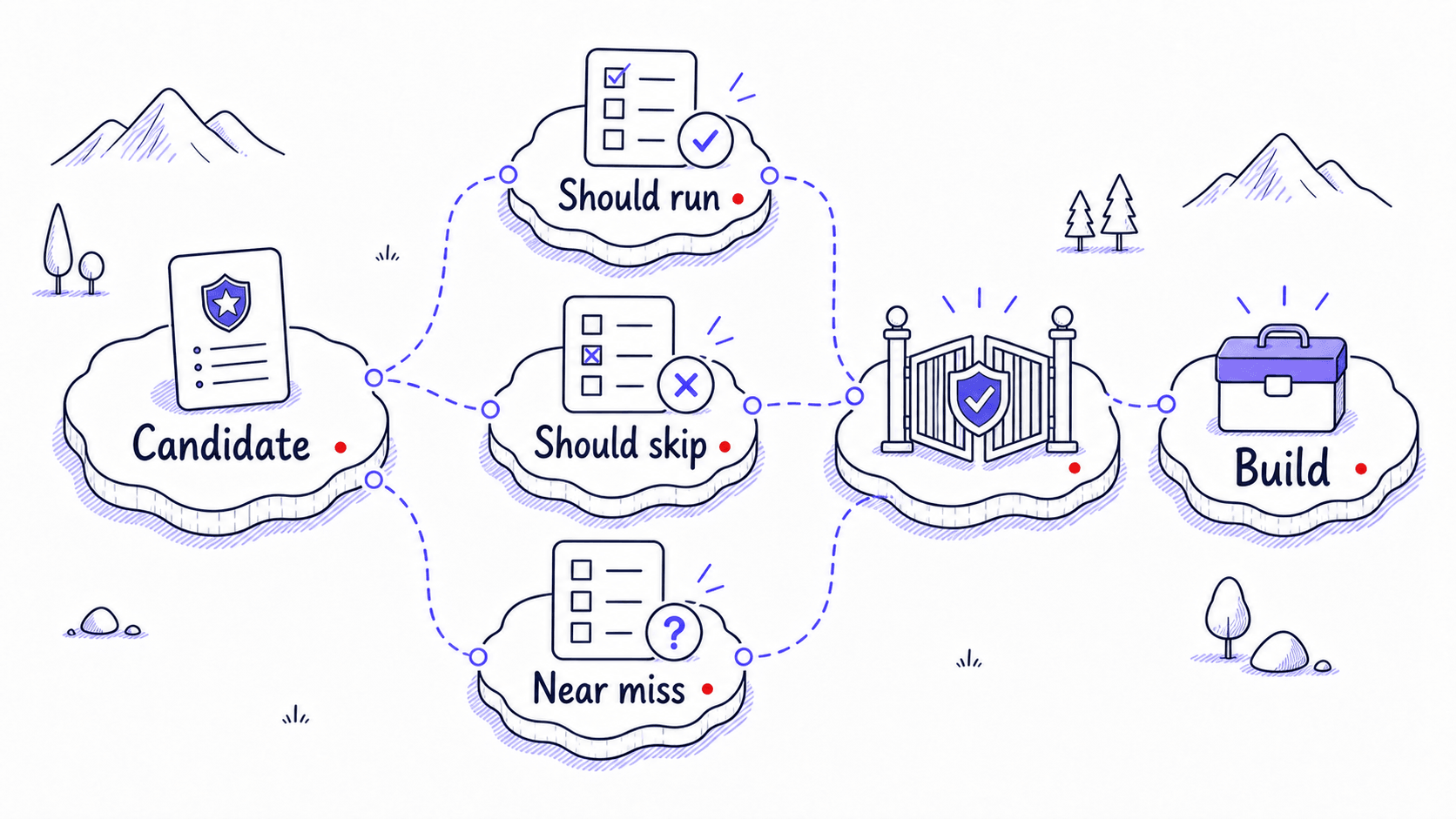 A stylized teaching image showing a candidate Skill passing should-run, should-skip, and near-miss tests before build.