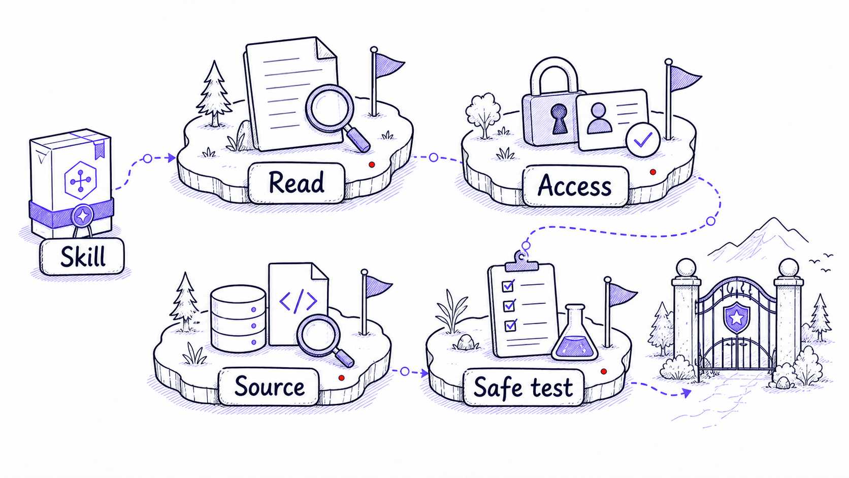 A hand-drawn teaching image showing a downloaded Skill moving through read, access, source, and safe test gates.