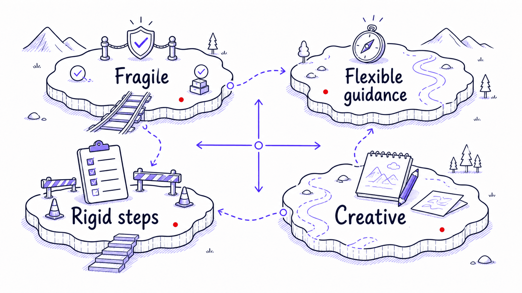 A stylized teaching image showing fragile work mapped to rigid steps and creative work mapped to flexible guidance.
