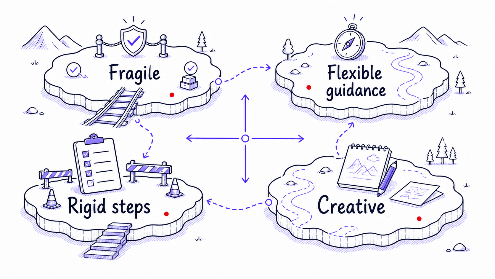 A stylized teaching image showing fragile work mapped to rigid steps and creative work mapped to flexible guidance.