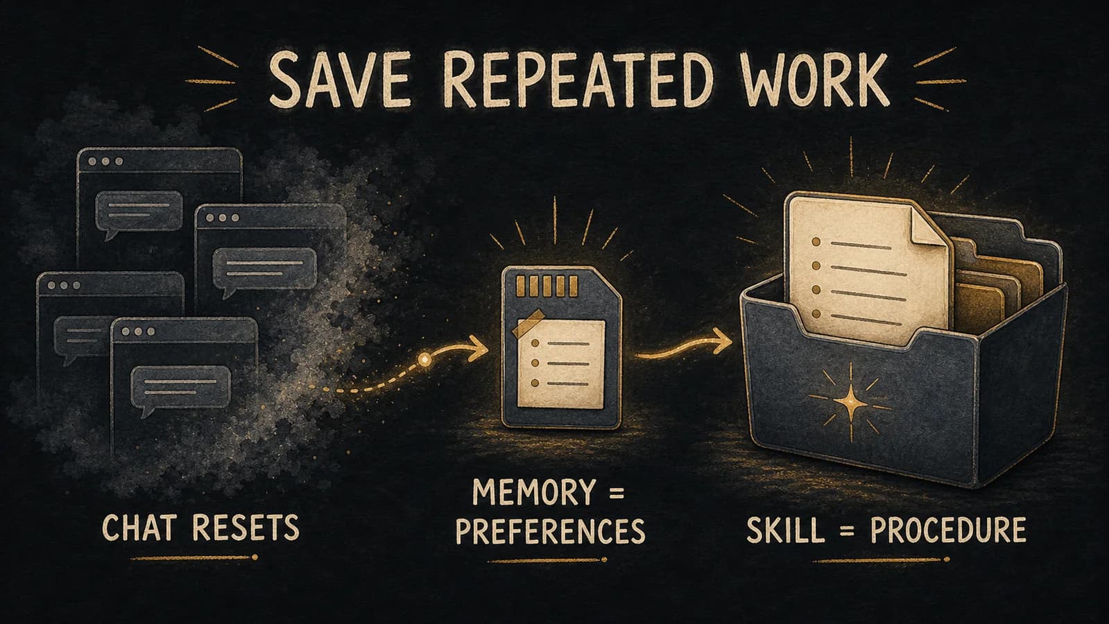 A stylized teaching image showing loose chat notes becoming saved memory preferences and a Skill procedure.
