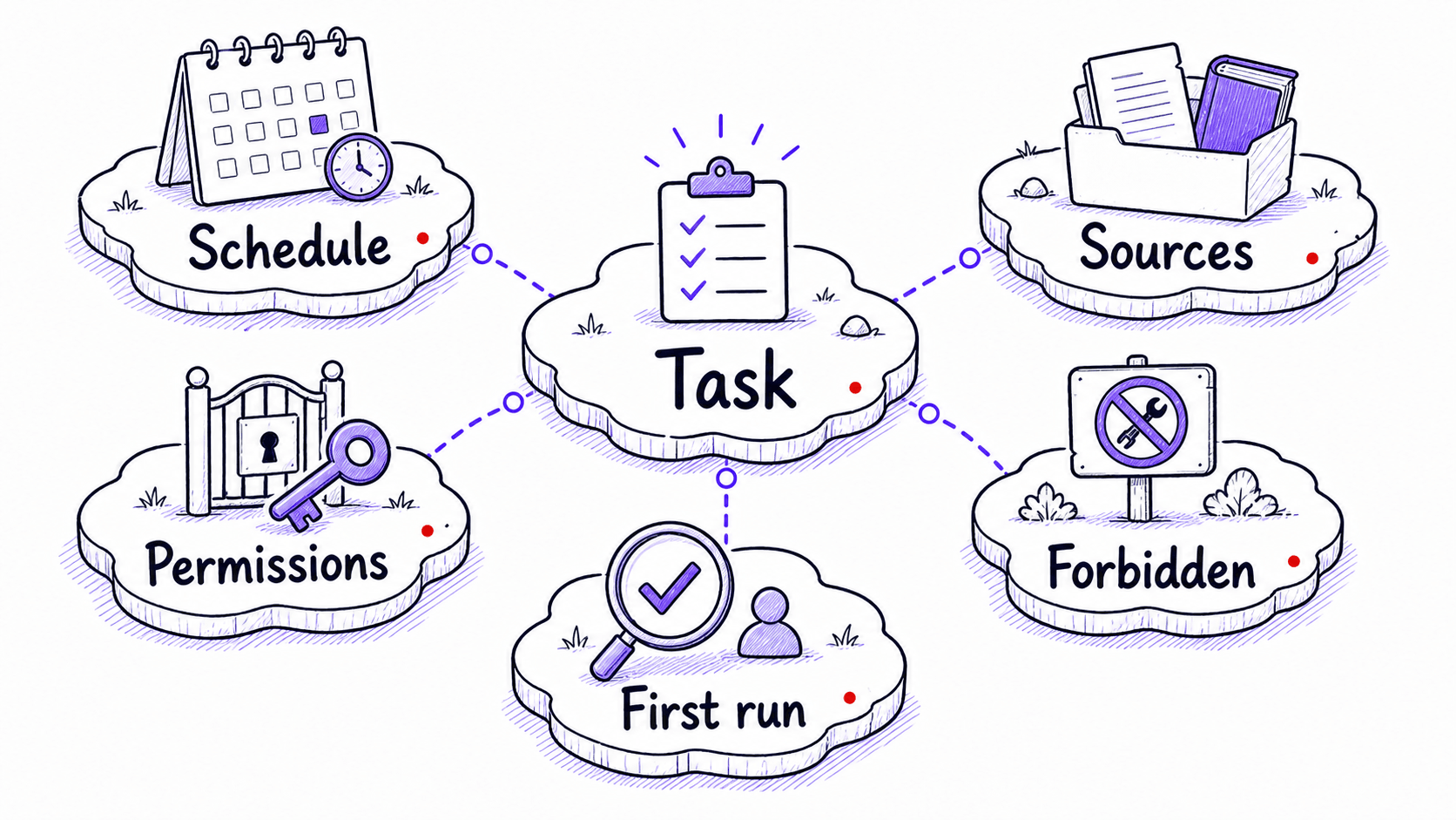 A stylized structured concept model showing a scheduled review task with schedule, sources, permissions, forbidden actions, and first run.