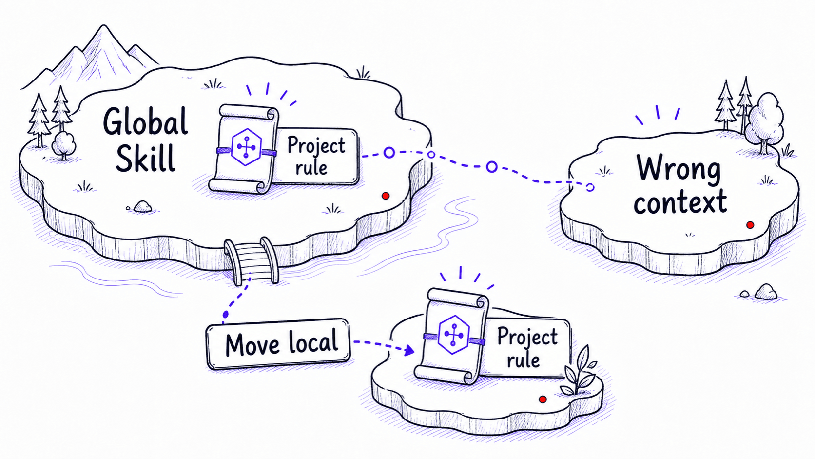 A stylized influence diagram showing a project rule inside a global Skill affecting the wrong context until it is moved local.