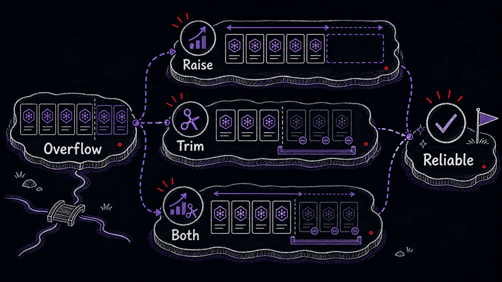 A hand-drawn flow map showing overflow repaired by raising the budget, trimming stale Skills, or doing both, then returning to reliable triggering.