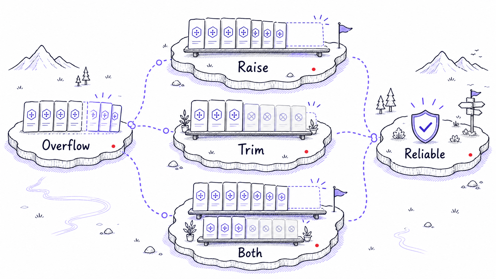 A hand-drawn flow map showing overflow repaired by raising the budget, trimming stale Skills, or doing both, then returning to reliable triggering.