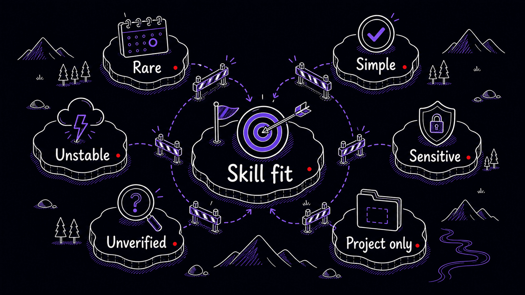 A stylized teaching image showing true Skill fit at the center while rare, simple, unstable, sensitive, unverified, and project-only work stays outside.