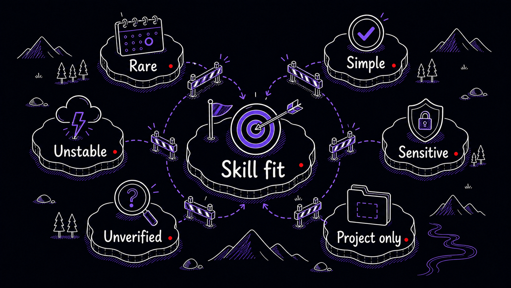 A stylized teaching image showing true Skill fit at the center while rare, simple, unstable, sensitive, unverified, and project-only work stays outside.