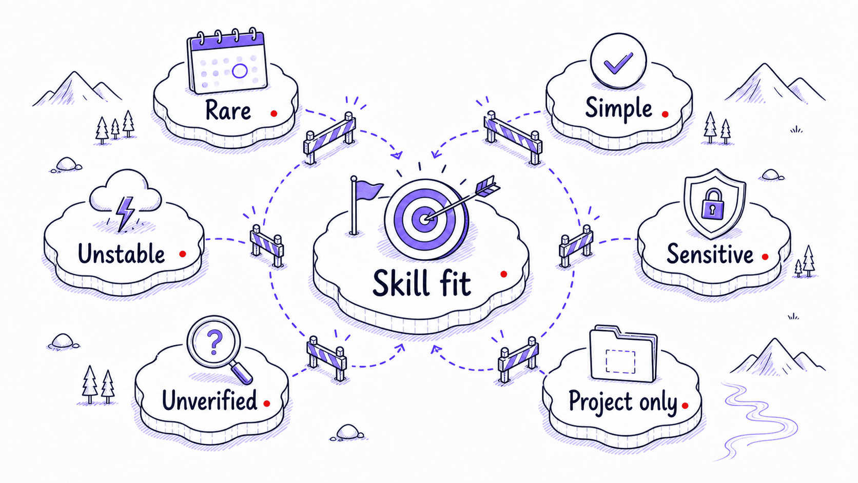A stylized teaching image showing true Skill fit at the center while rare, simple, unstable, sensitive, unverified, and project-only work stays outside.