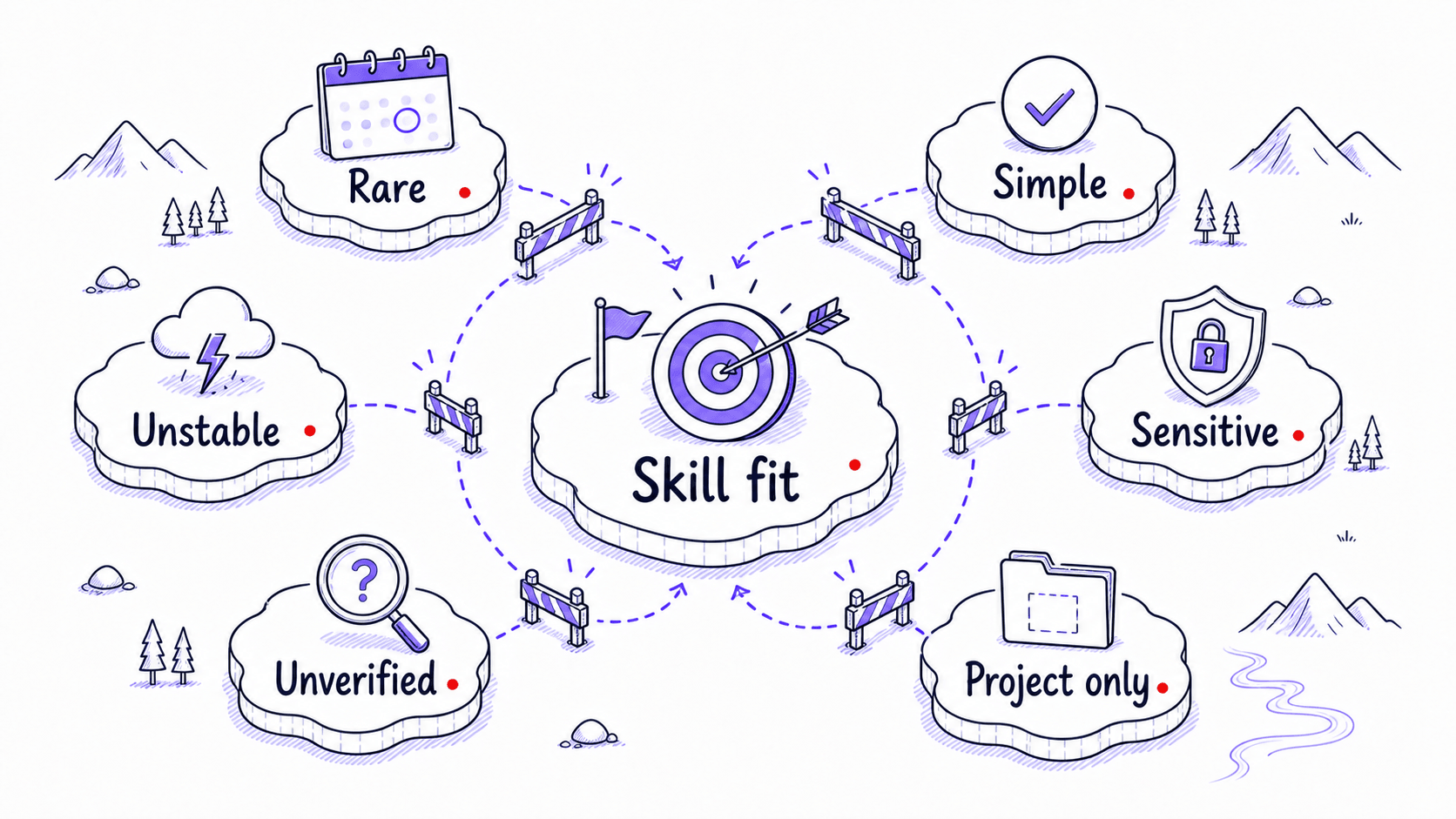 A stylized teaching image showing true Skill fit at the center while rare, simple, unstable, sensitive, unverified, and project-only work stays outside.