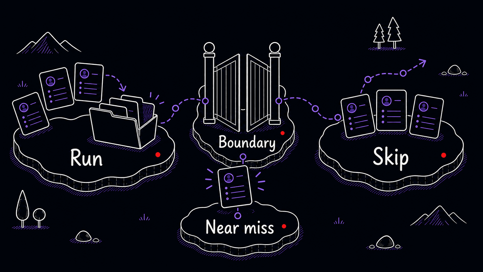A stylized teaching image showing run cases, skip cases, a boundary, and a near miss for Skill trigger testing.