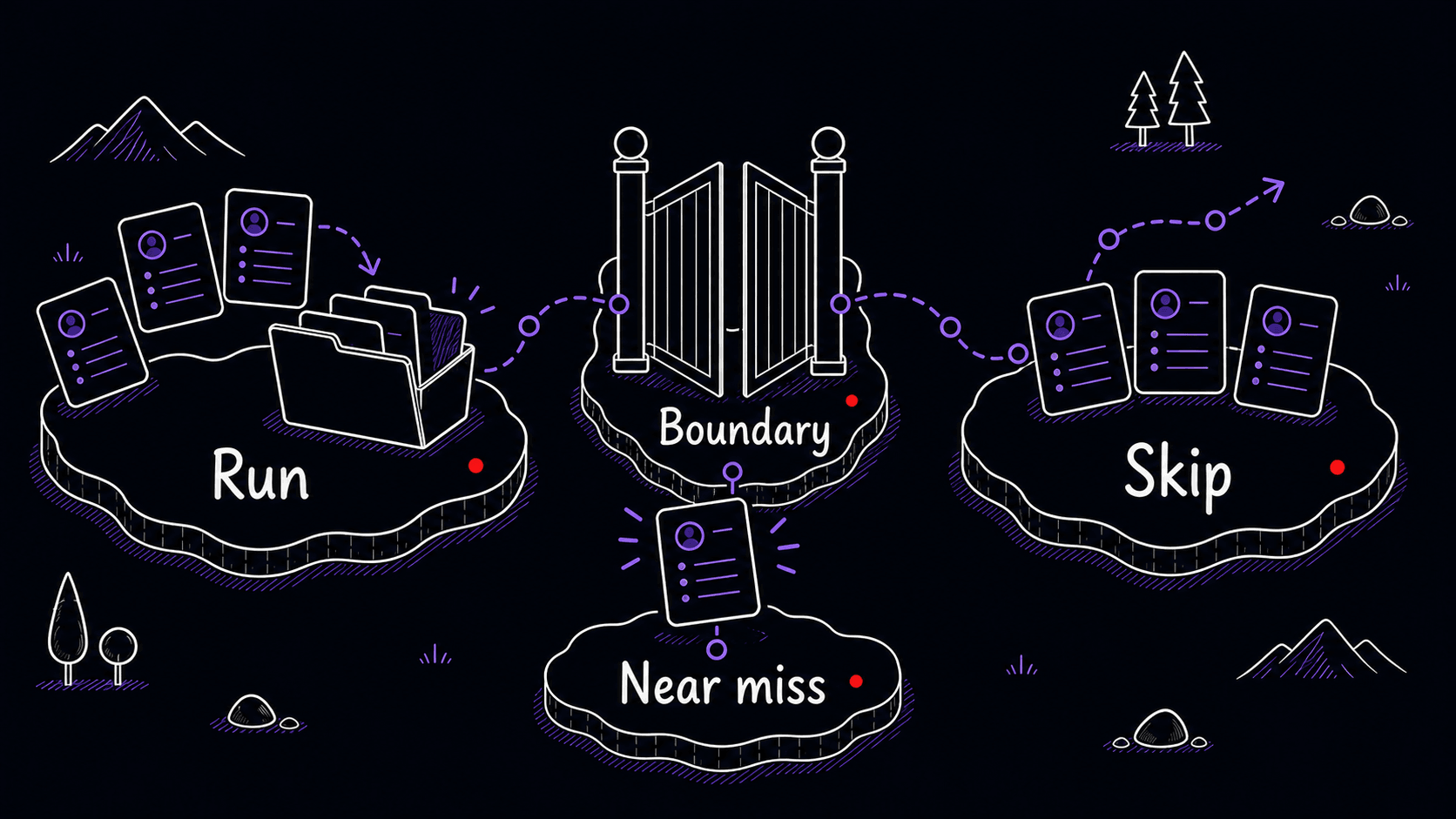 A stylized teaching image showing run cases, skip cases, a boundary, and a near miss for Skill trigger testing.