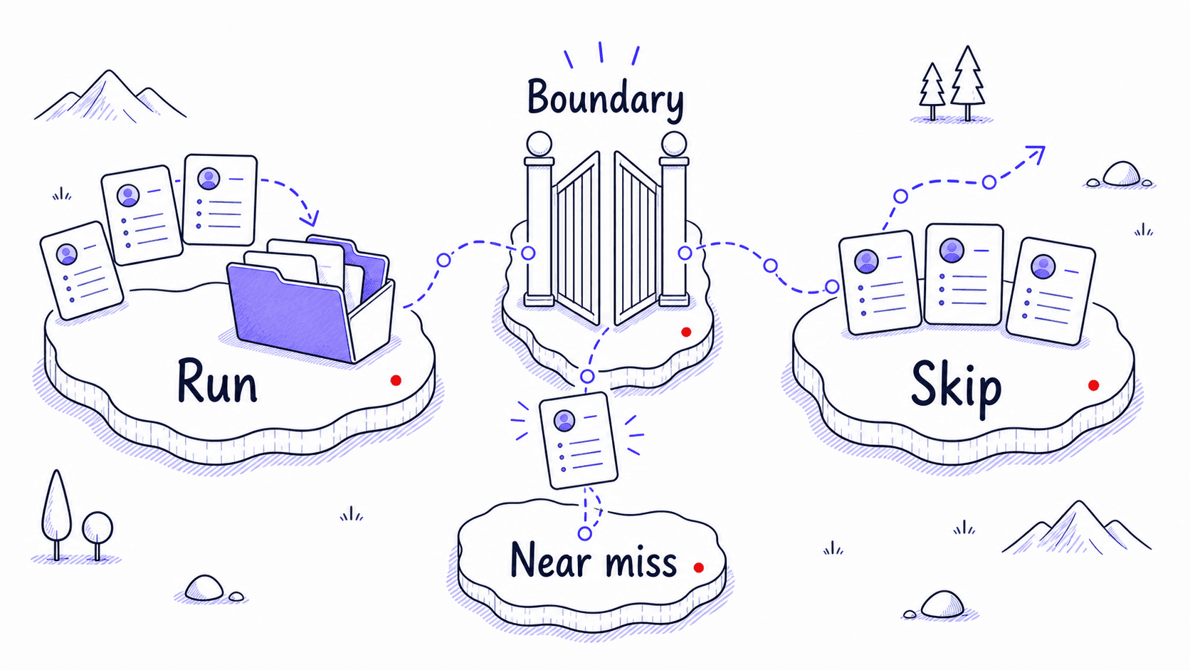 A stylized teaching image showing run cases, skip cases, a boundary, and a near miss for Skill trigger testing.