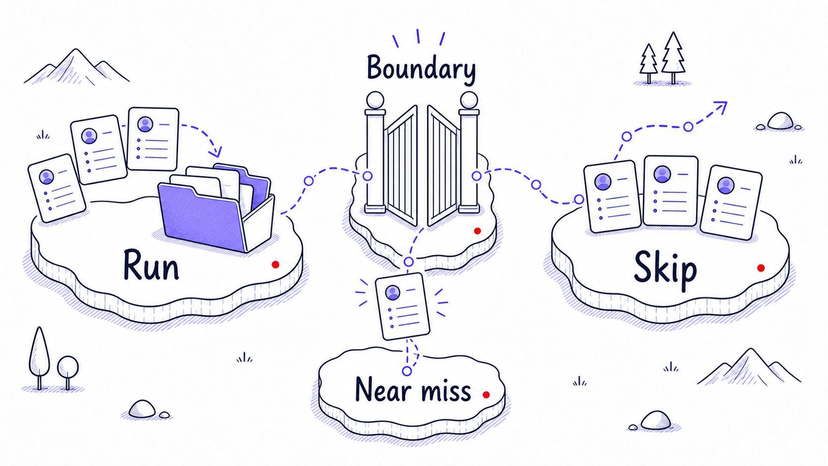 A stylized teaching image showing run cases, skip cases, a boundary, and a near miss for Skill trigger testing.