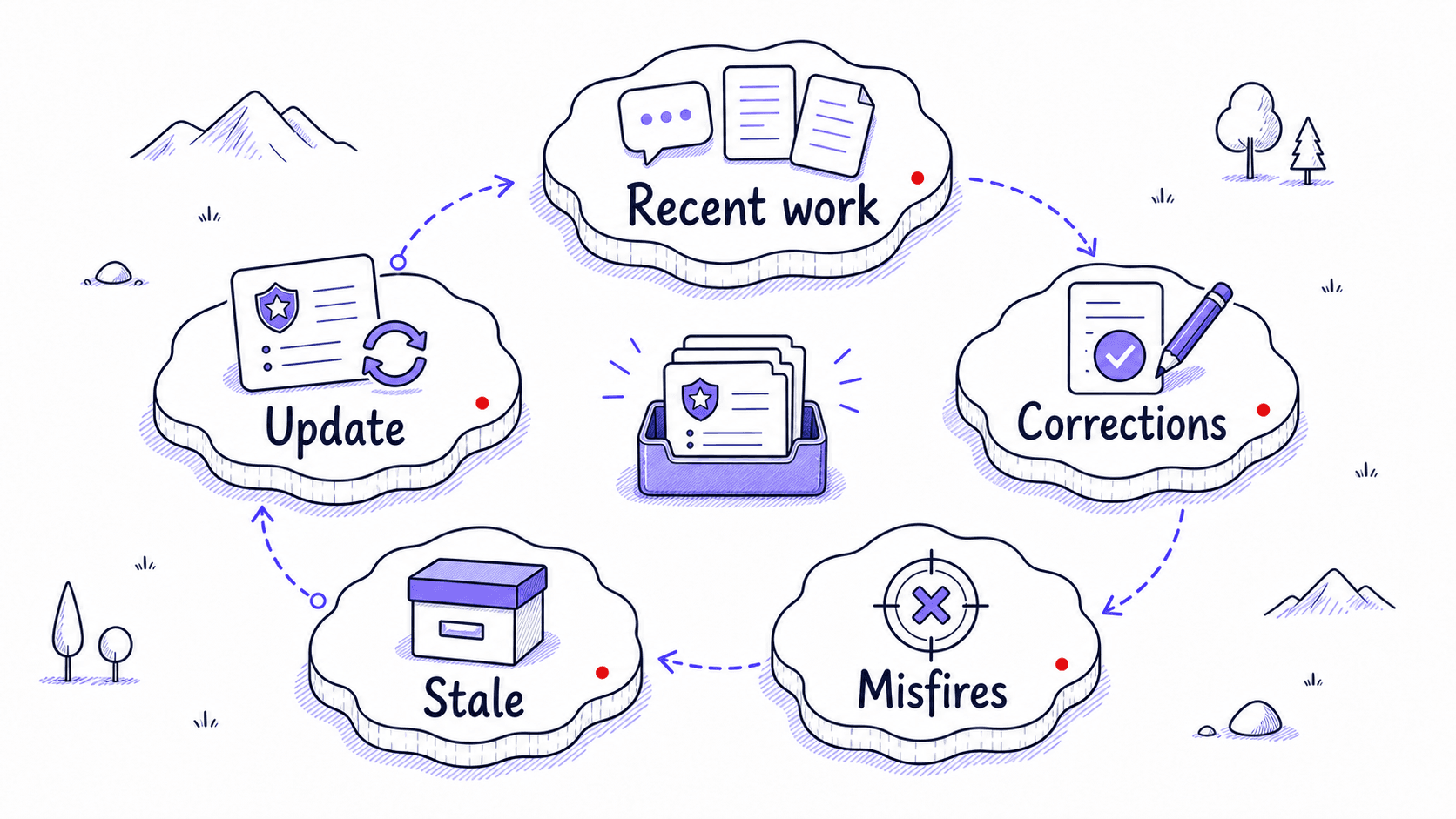 A stylized cycle diagram showing recent work, corrections, misfires, stale instructions, and updates around a small Skill library.