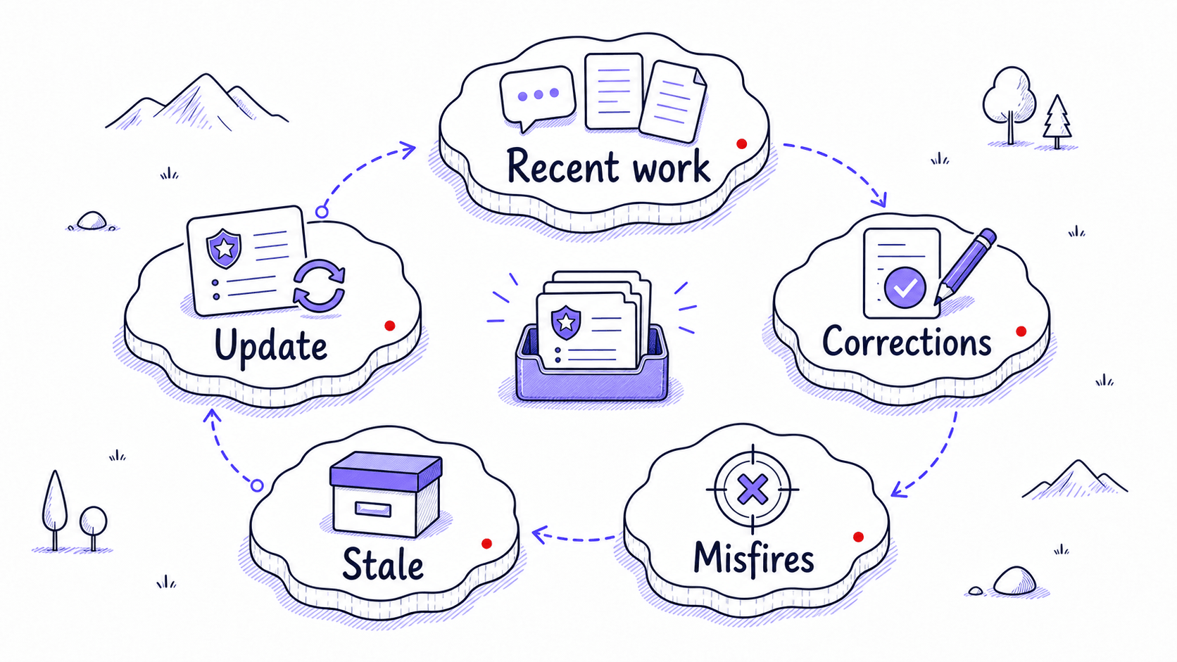 A stylized cycle diagram showing recent work, corrections, misfires, stale instructions, and updates around a small Skill library.