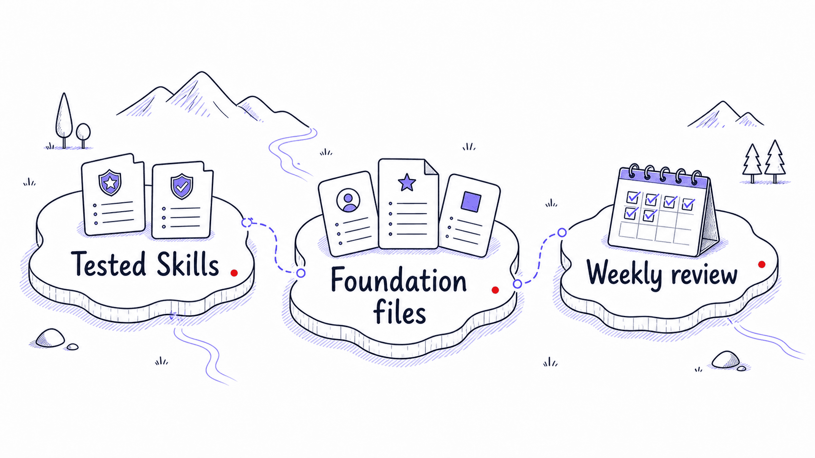 A stylized teaching image showing Skills, foundation files, and a weekly review as a compact workflow library.