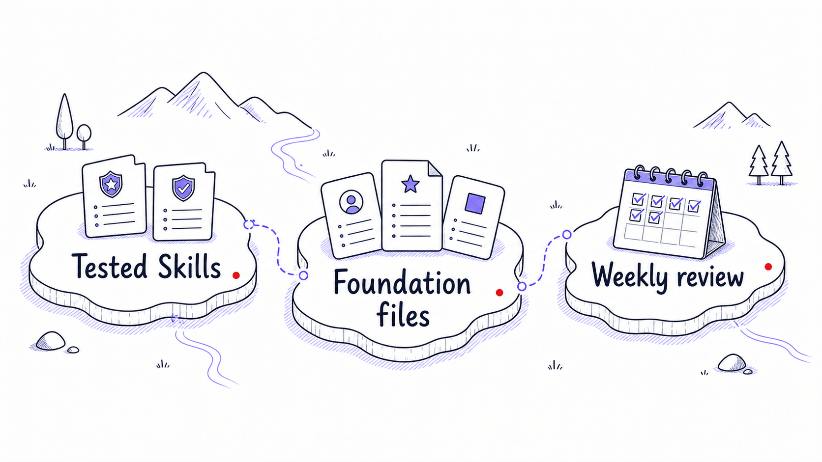 A stylized teaching image showing Skills, foundation files, and a weekly review as a compact workflow library.