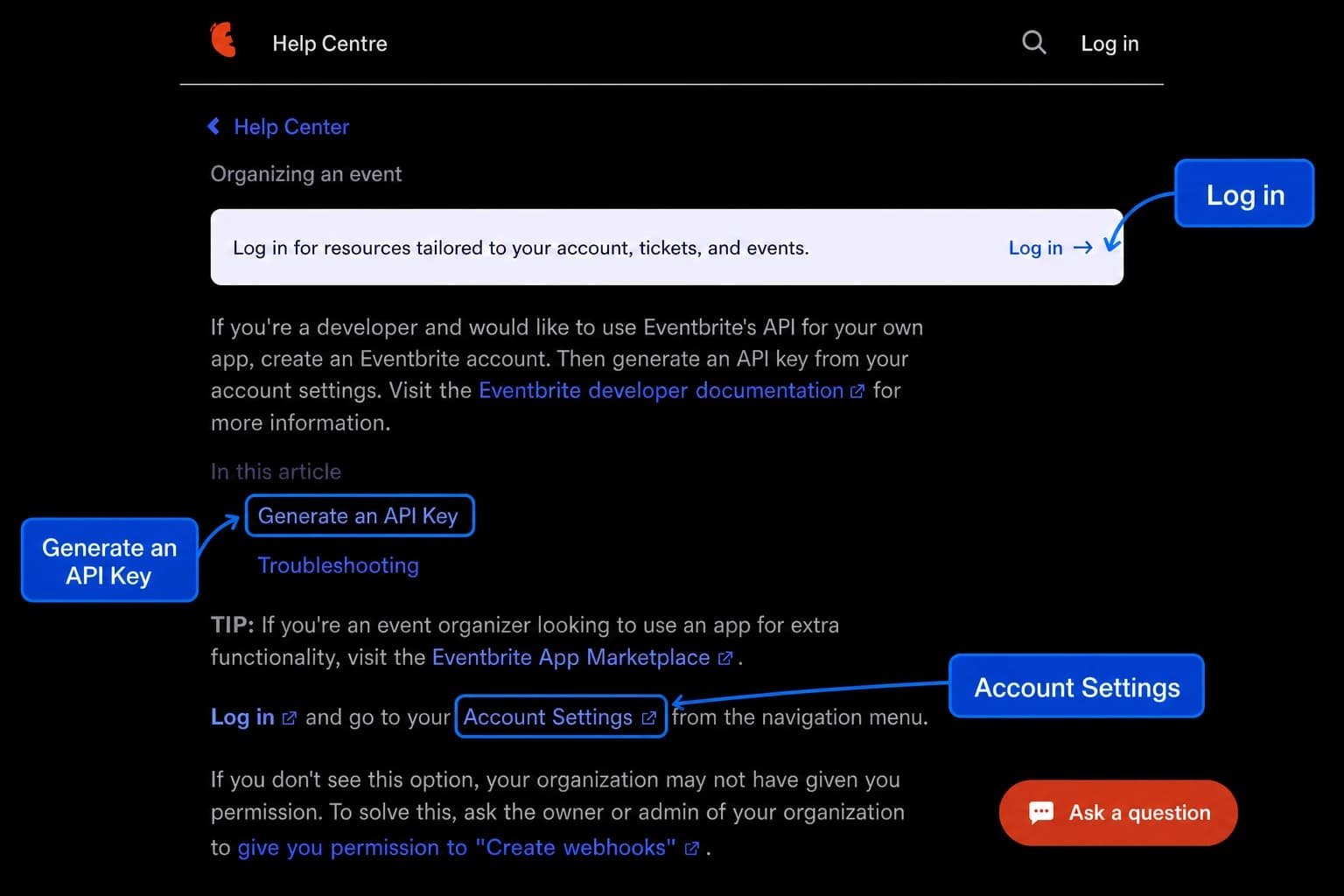 The Eventbrite Help Center article with Log in, Generate an API Key, and Account Settings highlighted.