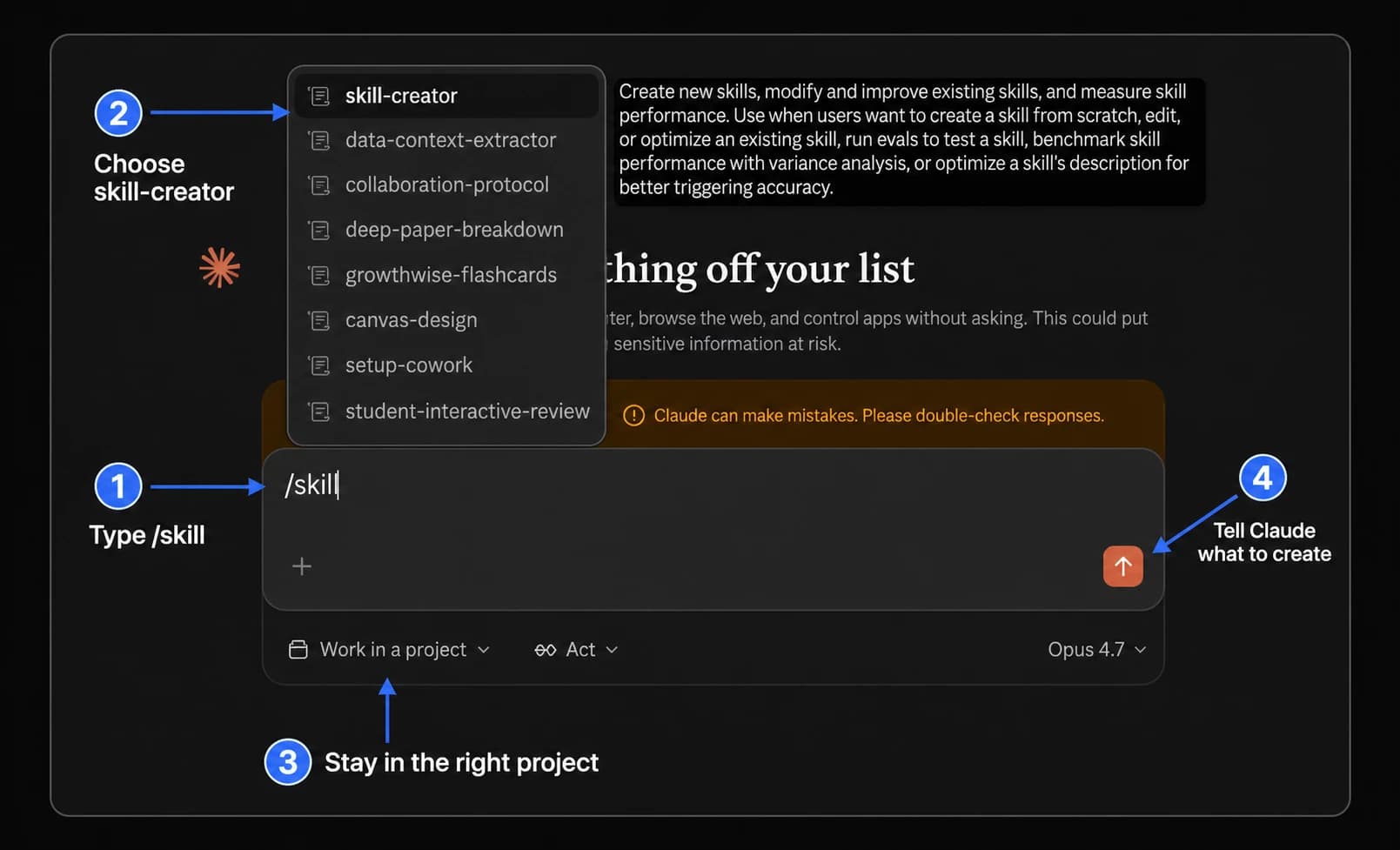 An annotated Claude composer showing slash skill suggestions with skill-creator selected.