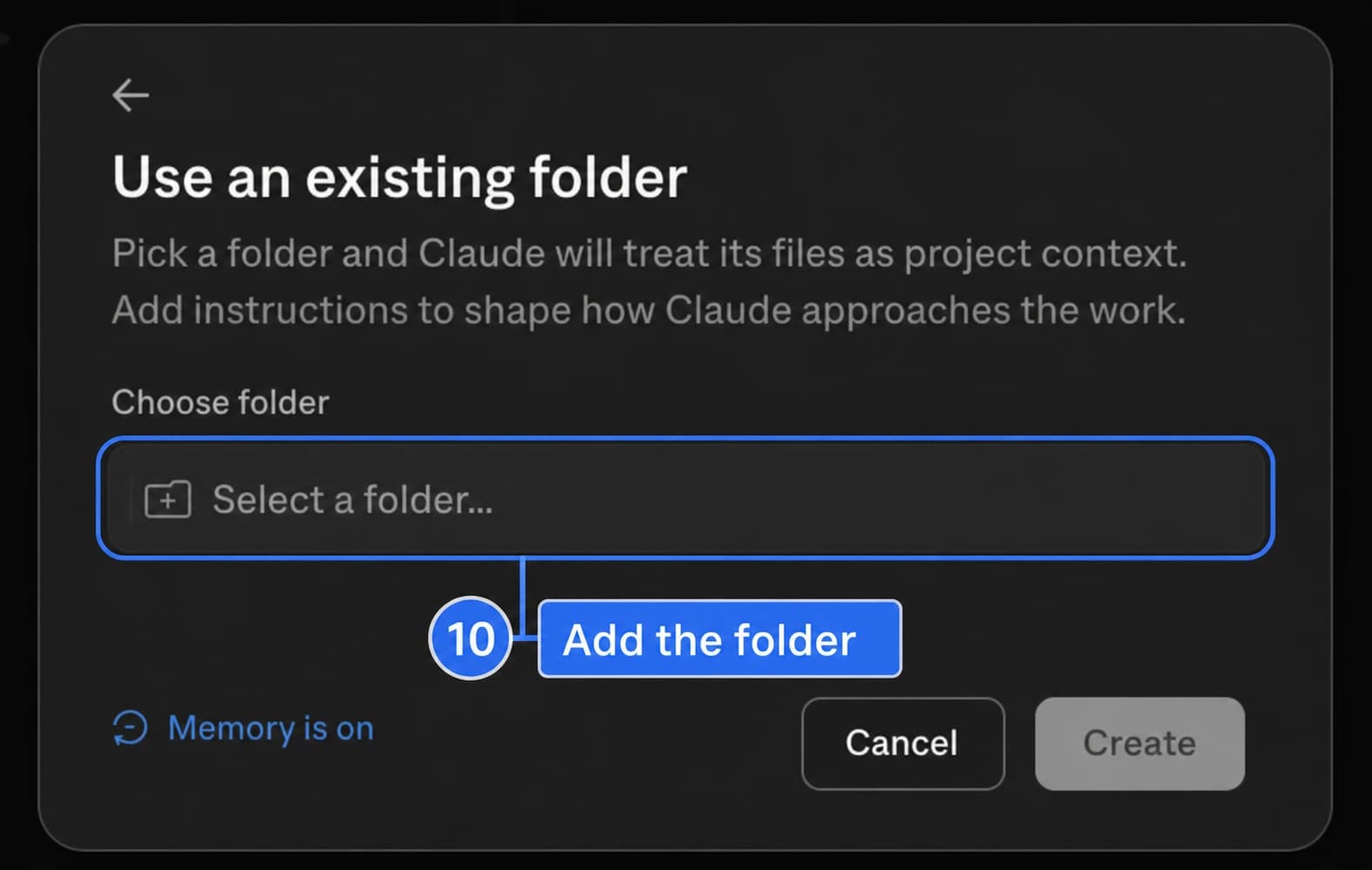 An image-generated Claude existing-folder form with the folder chooser highlighted.