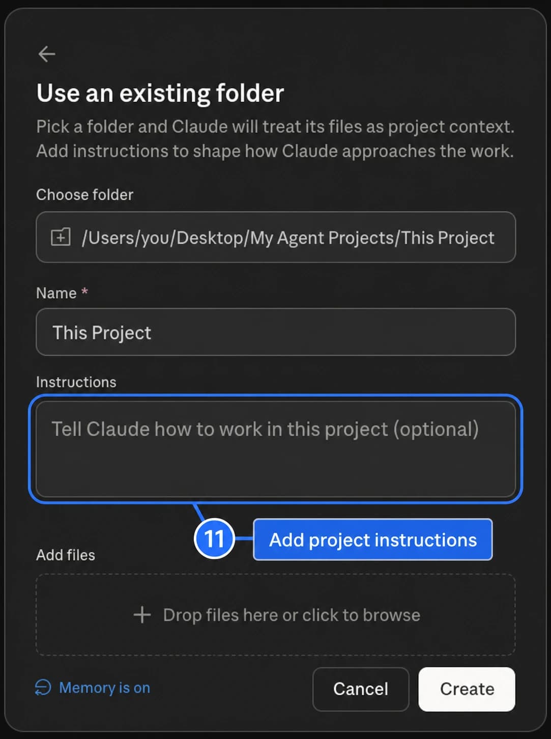 An image-generated Claude existing-folder form with the project instructions field highlighted.