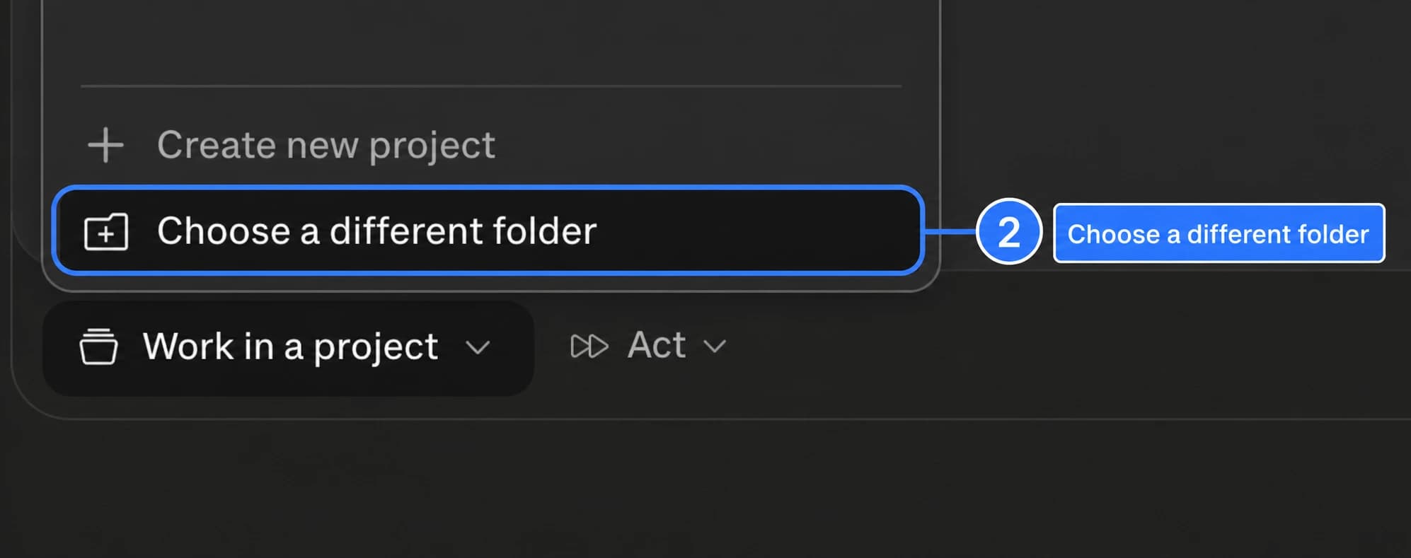 An image-generated Claude project menu screenshot with Choose a different folder highlighted.