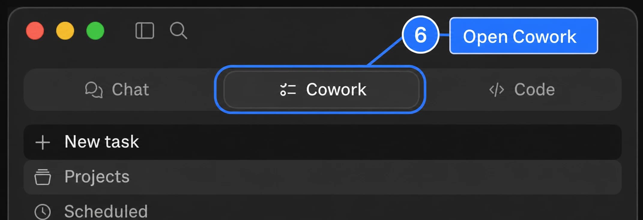 An image-generated Claude Desktop sidebar screenshot with the Cowork tab highlighted.