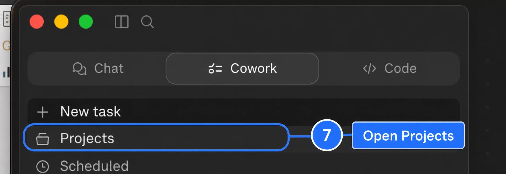 An image-generated Claude Cowork sidebar screenshot with the Projects row highlighted.