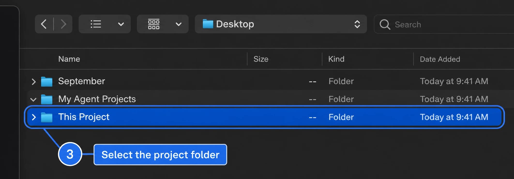 An image-generated macOS folder picker screenshot with the This Project folder selected.