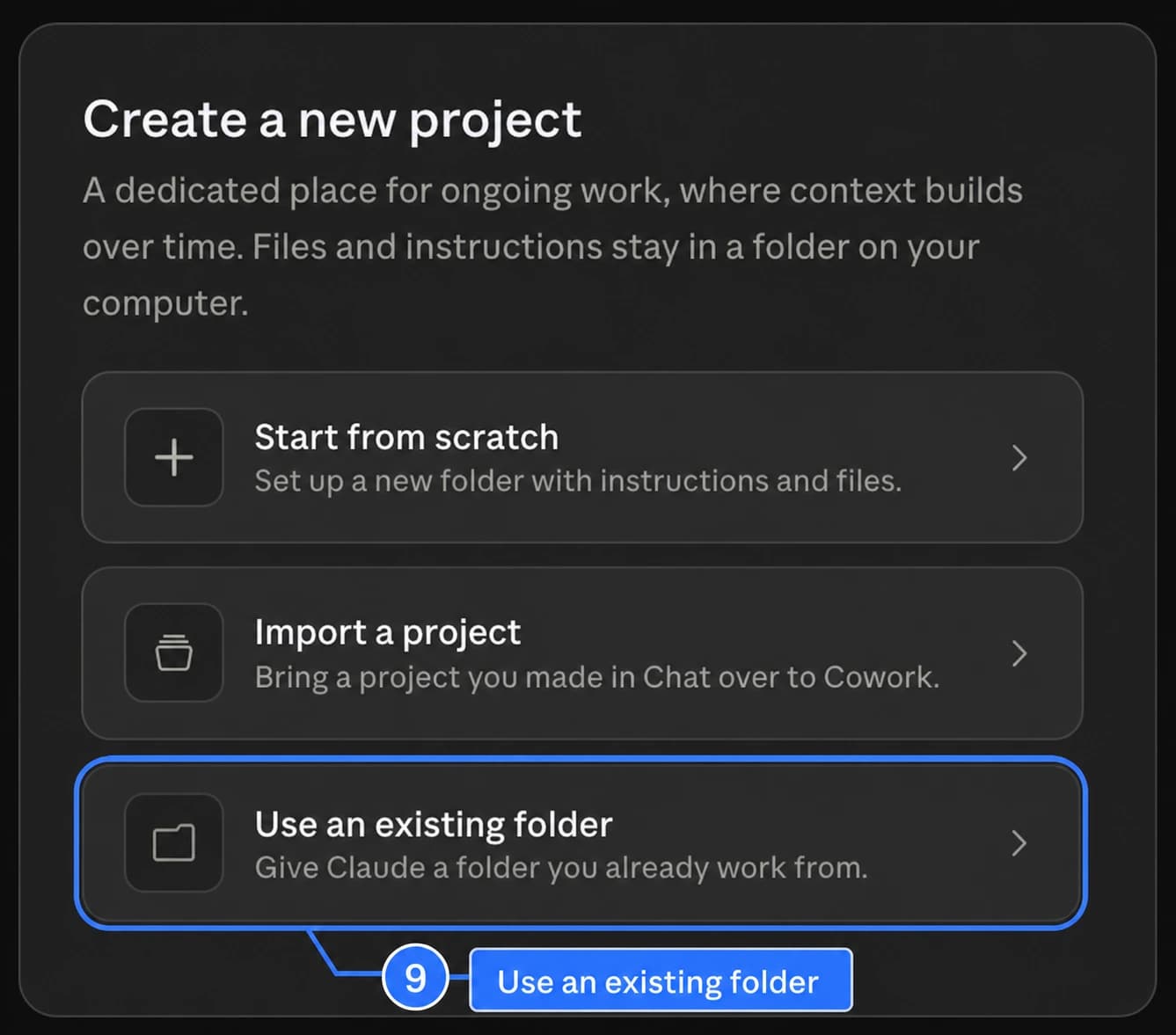 An image-generated Claude create-project modal with Use an existing folder highlighted.