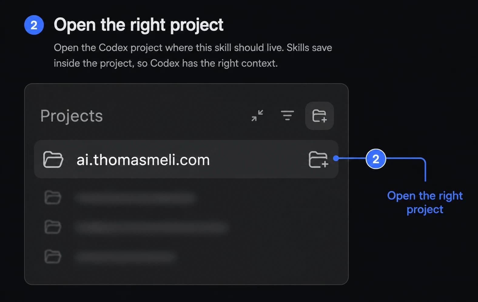 The Codex sidebar with the ai.thomasmeli.com project highlighted, showing the project folder icon and project name.