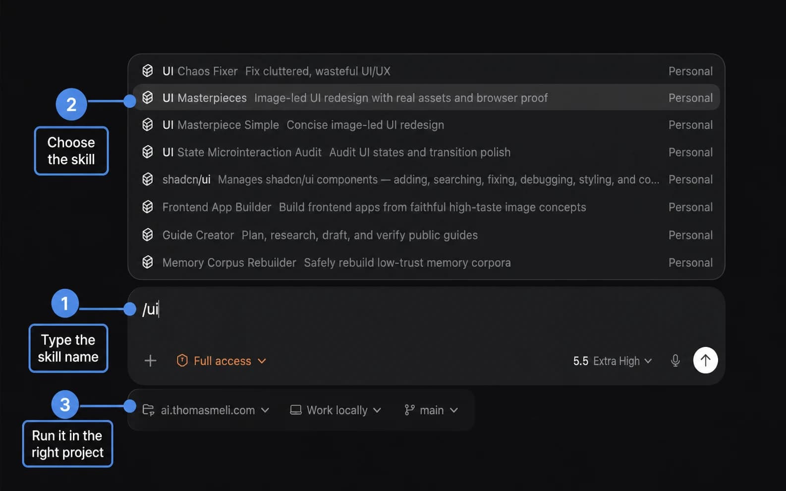 The Codex skill picker showing a custom skill highlighted for selection.