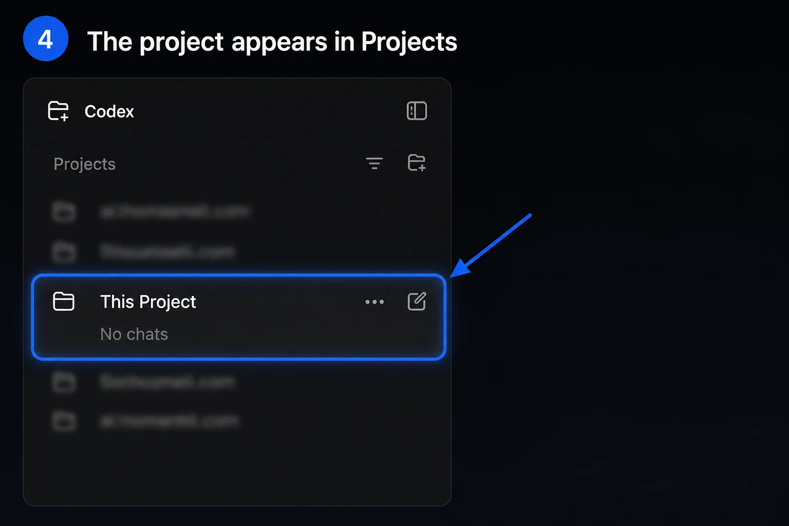 An image-generated Codex Projects sidebar showing the attached project folder with No chats underneath.