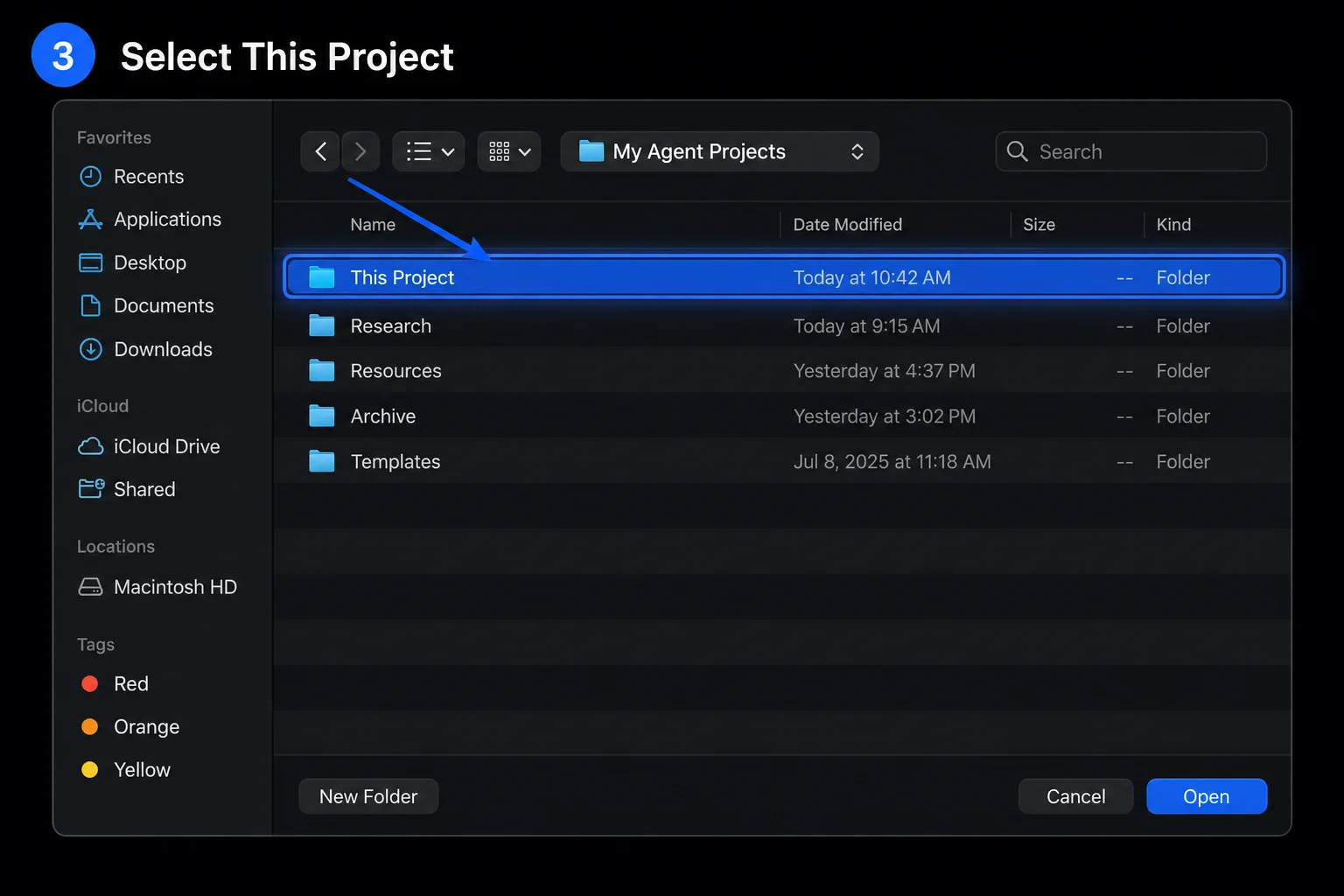 An image-generated macOS folder picker showing the project subfolder selected.