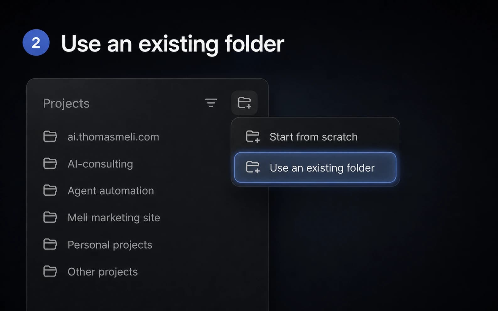 An image-generated Codex Projects sidebar showing the add menu with Use an existing folder selected.