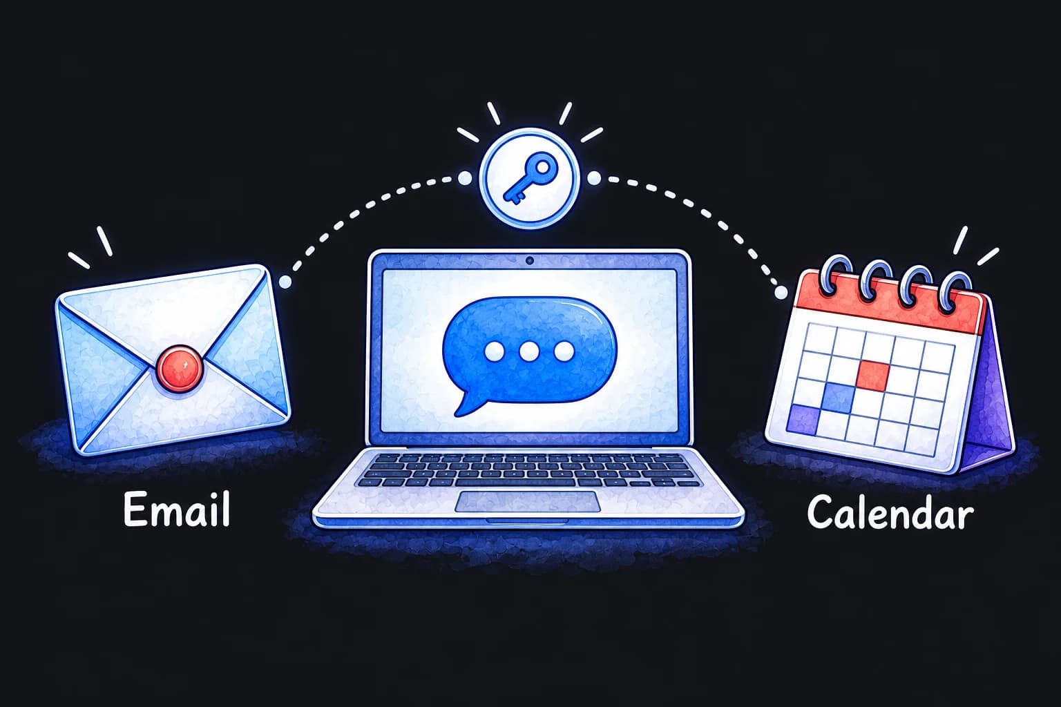 Email and a calendar connected to a laptop through a permission key.