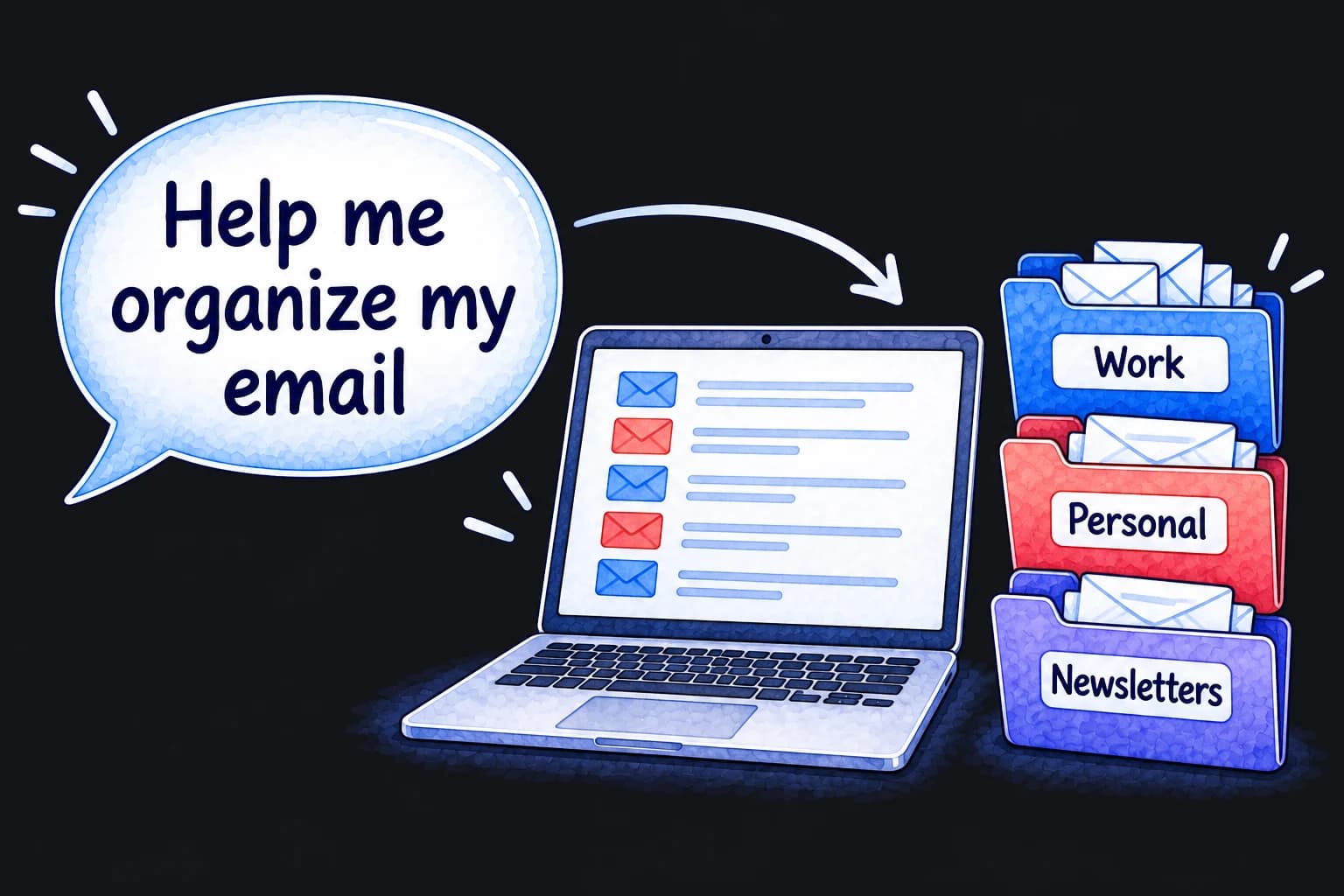 A request to organize email leads to an illustrated inbox and folders for Work, Personal, and Newsletters.