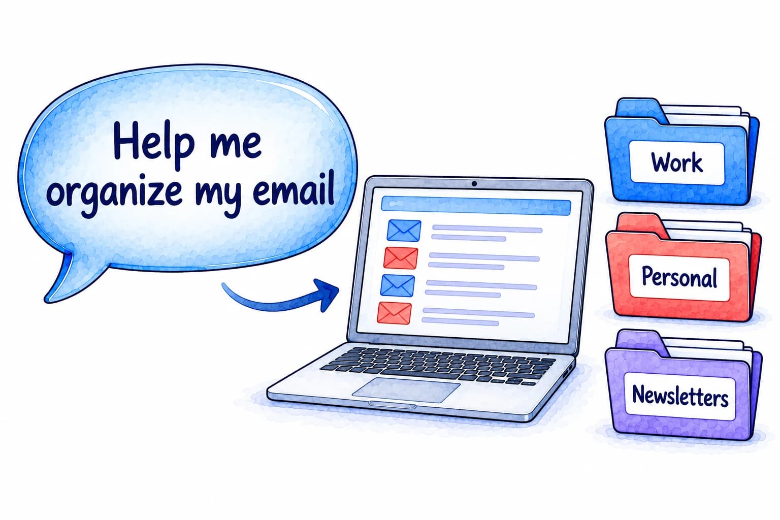 A request to organize email leads to an illustrated inbox and folders for Work, Personal, and Newsletters.